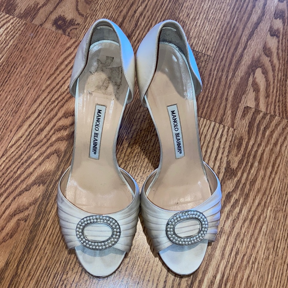 Cream pearl embellished satin open toe stiletto heel Manolo Blahnik